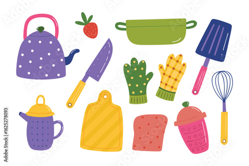 Culinary Collection: A vibrant assortment of essential kitchen tools and utensils, artistically arranged to inspire a sense of culinary creativity and delight. 