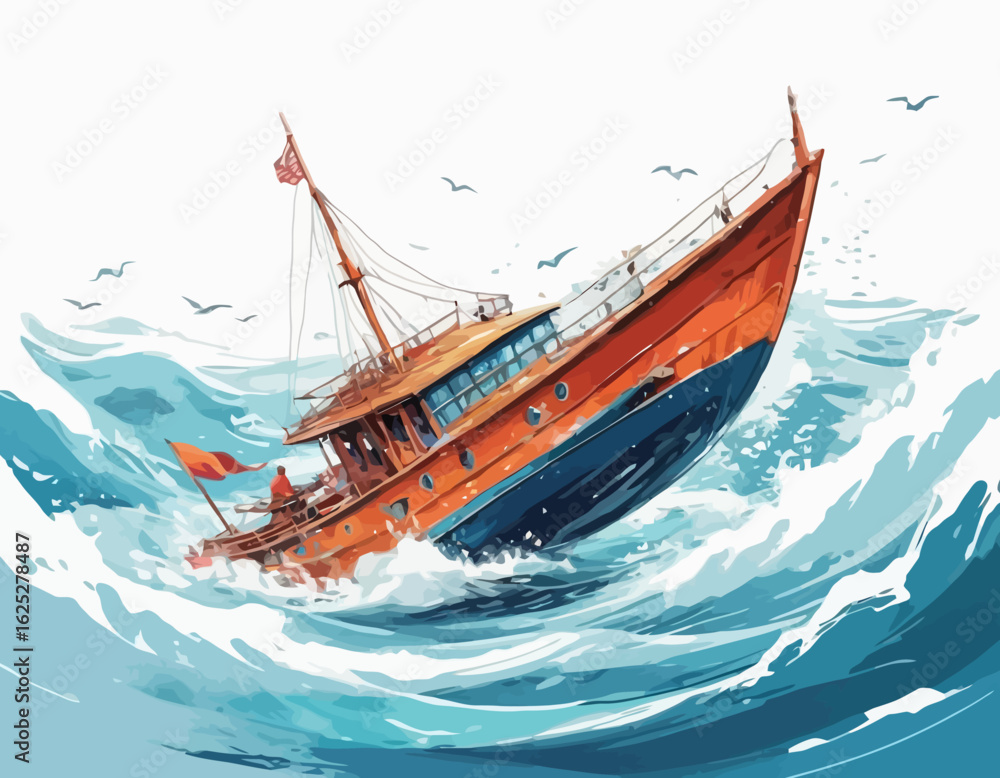 Obraz premium A bright orange and blue boat is shown tipping precariously in the middle of a turbulent, choppy sea with large blue waves and white foam, with several seagulls flying overhead in the clear sky (2)