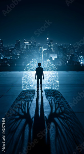 Silhouette of a man standing on a rooftop at night with a glowing, futuristic lung network superimposed behind him, symbolizing respiratory health, technology, and urban life