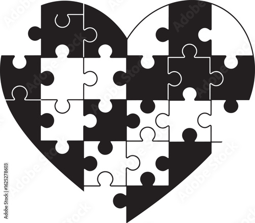Heart shaped puzzle with black and white pieces silhouette
