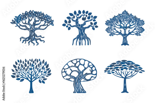 Artistic Tree Collection: A curated collection of six unique and stylized tree illustrations, each showcasing distinctive characteristics and artistic flair. Perfect for design projects.