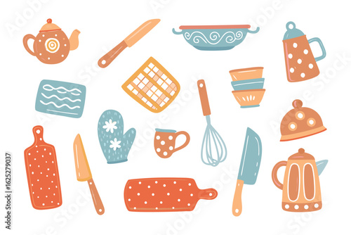 Kitchen Utensils Illustration: An assortment of essential kitchen utensils, including a teapot, knife, pan, bowls and cutting board.