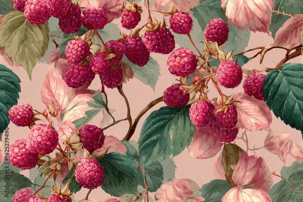 Naklejka premium Elegant raspberry vine pattern with intricate leaves and berries watercolor texture soft pinks and greens romantic botanical design seamless pattern background