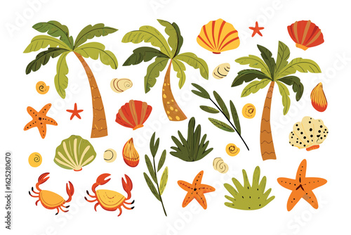 Tropical Beach Elements: An artistic collection of hand-drawn tropical elements, including lush palm trees, vibrant seashells, starfish, and playful crabs.