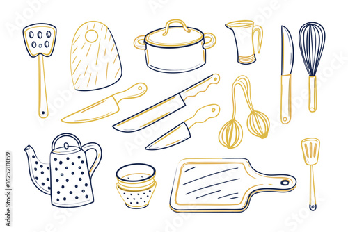 Culinary Creations: An elegant assortment of hand-drawn kitchen utensils, each rendered in a minimalistic, eye-pleasing aesthetic that enhances any creative project.