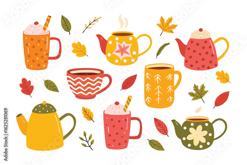 Autumn Warm Drinks and Leaves: A vibrant and inviting illustration showcases a collection of colorful teacups, teapots, and scattered leaves, creating a cozy autumnal atmosphere