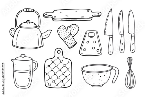 Culinary Tools: An array of essential culinary tools, meticulously arranged for the art of cooking and baking, rendered in a simple and clean style. 