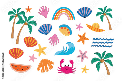 Beachside Dream: Embrace the carefree spirit of summer with this vibrant illustration, featuring playful depictions of seashells, palm trees, a cheerful crab, and a gentle rainbow.
