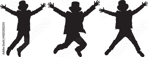 Three happy acrobats jumping in unison silhouette