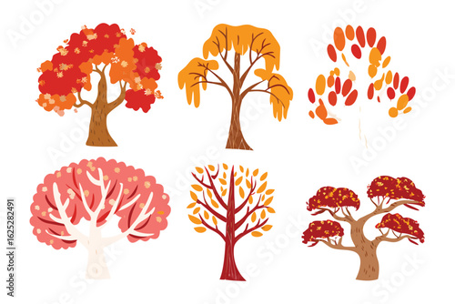 Vibrant Autumnal Trees: A collection of colorful, stylized trees in warm hues of red, orange, and yellow, perfect for designs.