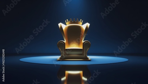 Minimalist golden king’s throne on deep blue glossy floor with soft halo glow, luxury design.