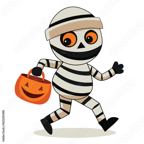 Zombie child with trick or treat sign, vector cartoon, white background
