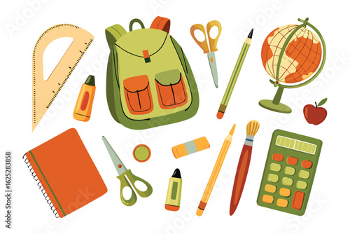 Back to School Supplies: A colorful arrangement of school supplies, including a backpack, globe, notebooks, and other stationery items, is arranged on a clean surface.