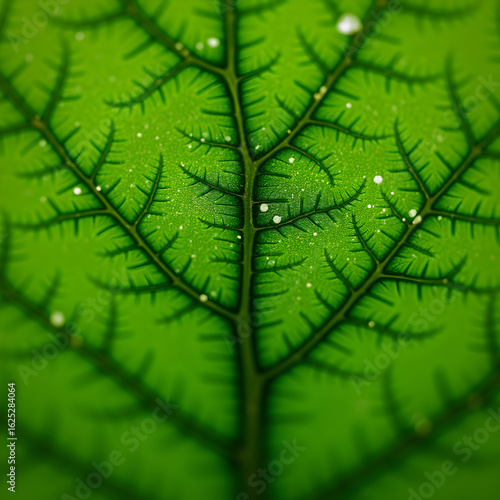 Macro Close-Up of Vibrant Green Leaf with Glossy Water Droplets and Detailed Veins on Soft Blurred Background