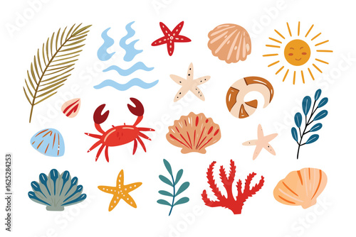 Summer Collection: An idyllic collection of hand-drawn beach elements including shells, starfish, and a cheerful sun, evoking the carefree essence of summer holidays.