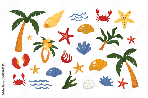 Tropical Paradise Collection: An inviting array of hand-drawn tropical elements, seashells, starfish, coconut trees, and sea waves in an idyllic ocean scene.