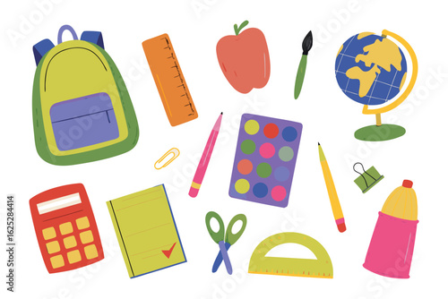 School Supplies: An organized assortment of vibrant school supplies arranged on a clean backdrop, encompassing various essential items used for education, creativity, and learning.