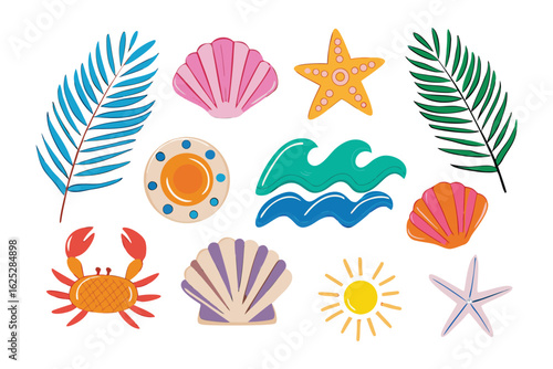 Summer Elements: A vibrant collection of beach-themed icons, including a seashell, crab, starfish, ocean wave, sun, and palm leaves, perfect for adding a touch of summer flair to any design.