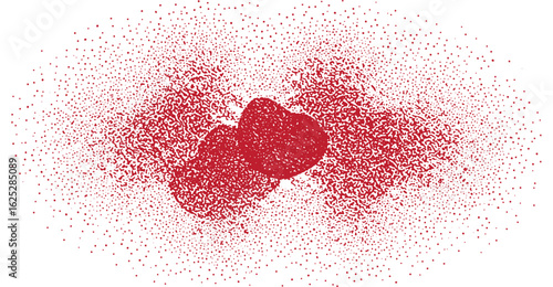 Two textured crimson hearts float amidst a scattering of granular ruby specks on a serene white backdrop, creating a romantic and abstract artistic visual expression.