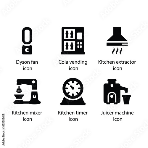 Dyson fan, Cola vending, Kitchen extractor, Kitchen mixer, Kitchen timer, Juicer machine, icon