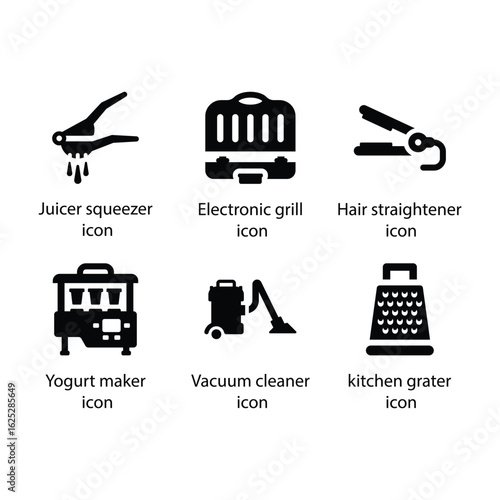 Juicer squeezer, electronic grill, Hair straightener, Yogurt maker, Vacuum cleaner, kitchen grater, icon