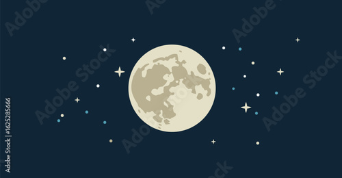 A beige moon shines brightly amidst a dark blue expanse, adorned with whimsical white, blue, and starlike shapes, creating a celestial nighttime scene with a dreamy, cartoon aesthetic