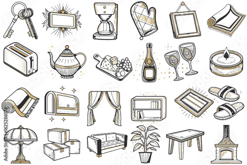 Home decor and accessories in hand-drawn style for housewarming  