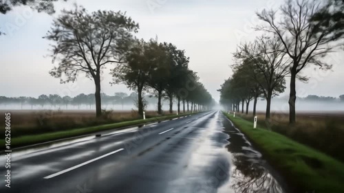 Wallpaper Mural Rainy Road Reflections: A Misty Journey Through a Tree-Lined Landscape Torontodigital.ca