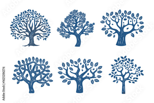 Diverse Tree Silhouette Collection: This image displays six distinct tree silhouettes in a rich blue, capturing the elegance of nature's diverse arboreal forms. 