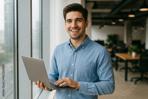 Smiling Young Professional with Laptop in Modern Office Environment