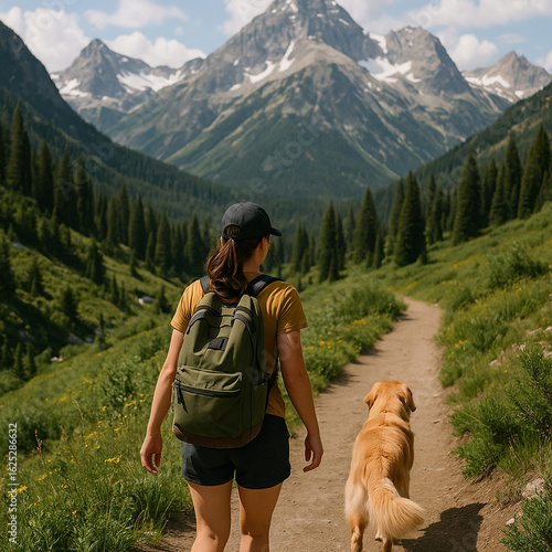 Woman Hiking with Dog in Scenic Mountain Landscape