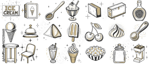 Ice cream-themed illustrations featuring desserts and serving utensils  