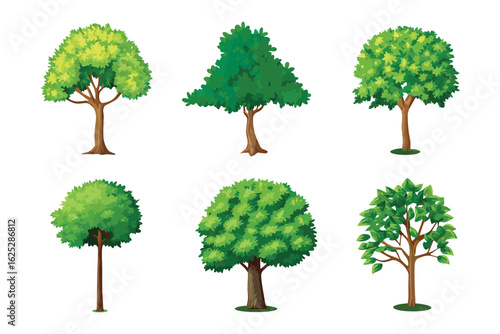 Diverse Tree Collection: A vibrant collection showcasing six different stylized trees with varied shapes, colors, and foliage, offering a comprehensive visual library of arboreal diversity.