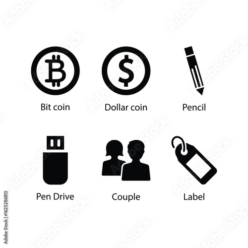 Bit coin, Dollar coin, Pencil, Pen Drive, Couple, Label, icon