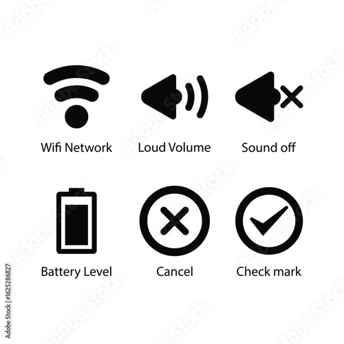 Wifi Network, Loud Volume, Sound off, Battery Level, Cancel, Check mark, icon
