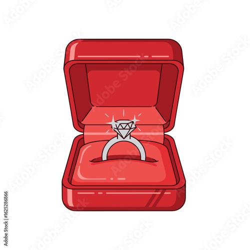Red velvet ring box with diamond engagement ring inside  