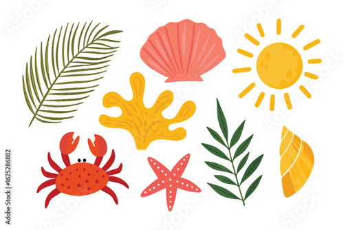 Seashore Delight: A vivid array of beach-themed illustrations showcasing the quintessential elements of a seaside paradise, radiating warmth and the spirit of summer.