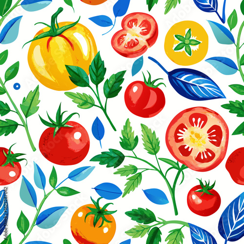 Vibrant watercolor seamless pattern featuring ripe red and yellow tomatoes with green leaves and blue foliage