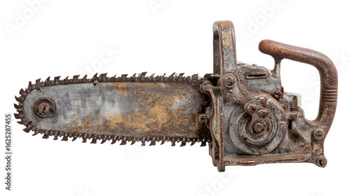 Vintage rusty chainsaw isolated on transparent background