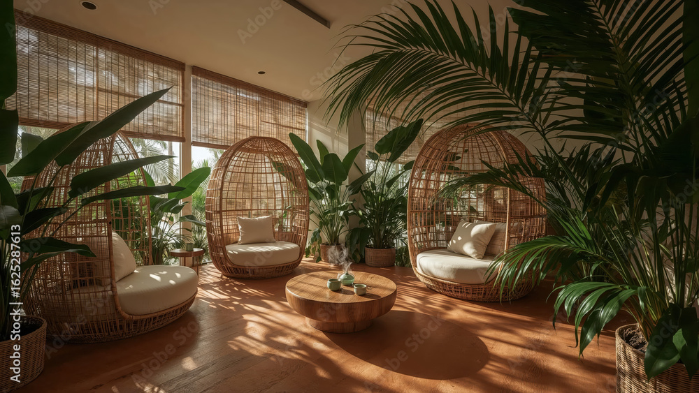 Fototapeta premium Serene interior design with wicker cocoon chairs and lush greenery creating a relaxing and cozy atmosphere in a modern space