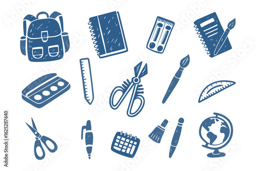 Artistic Essentials Collection: A charming hand-drawn illustration showcases a diverse array of art and school supplies, perfect for creative projects and educational endeavors.