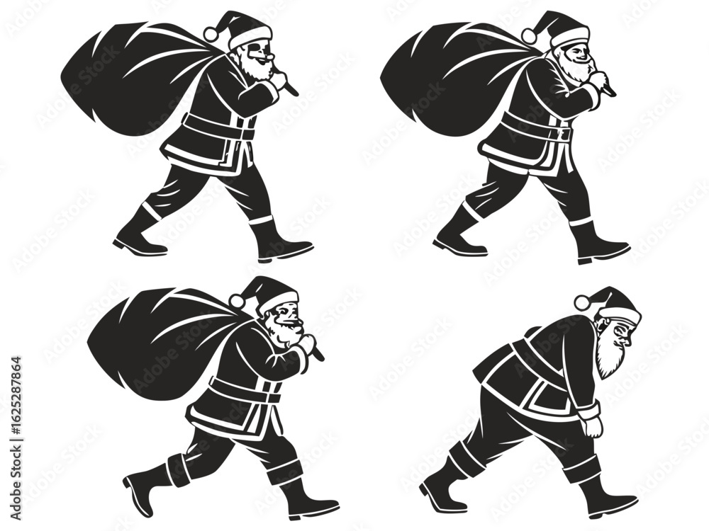 Fototapeta premium Santa Claus Walking with Sack Silhouette in Various Poses for Christmas Season