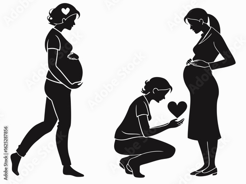 Pregnant Women in Various Poses with Heart Symbol Black and White Silhouette This image