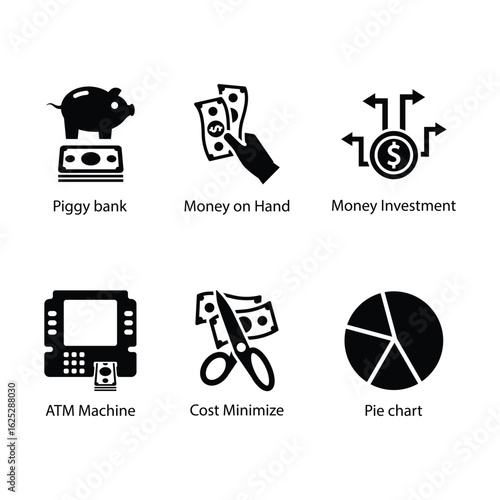 Piggy bank, Money on hand, Money investment, ATM machine, Cost minimize, Pie chart, icon