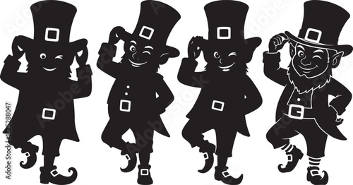 Four dancing leprechauns in silhouette