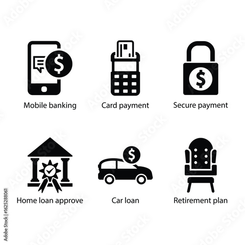 Mobile banking, Card payment, Secure payment, Home loan Approve, Car loan, Retirement plan, icongroup-1