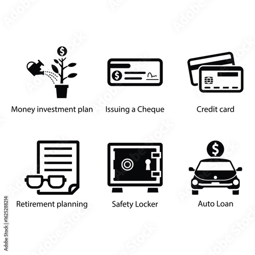 Money investment plan, Issuing a Cheque, Cradit card, Retirement planning, Safety Locker, auto Loan, icon