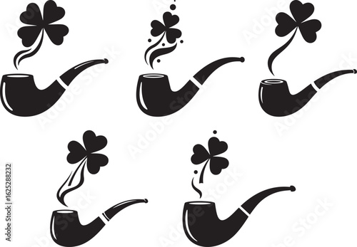 Five irish tobacco pipes with clover smoke silhouette
