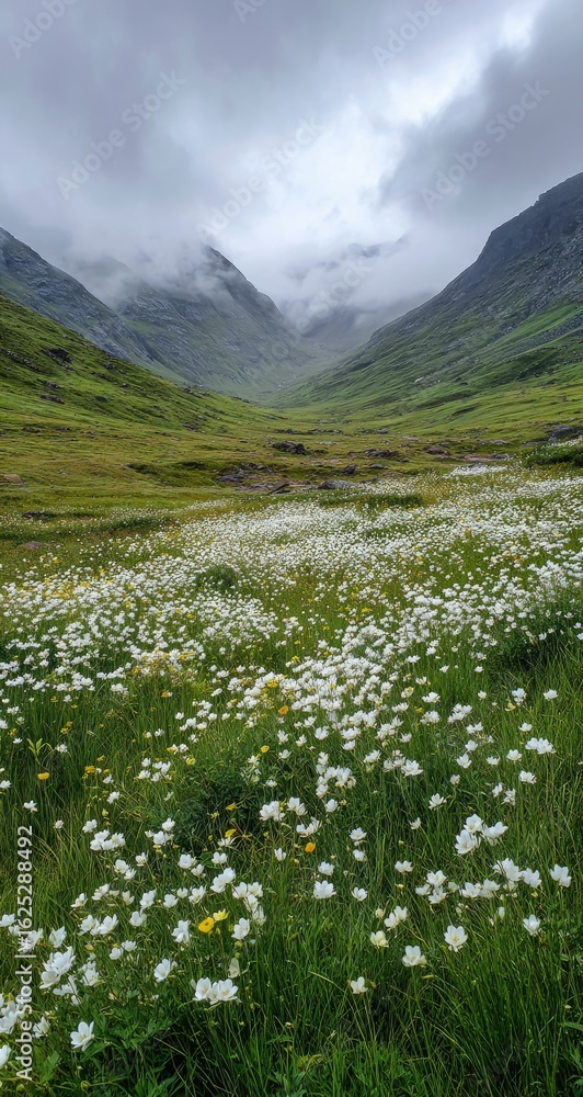 Fototapeta premium A valley meadow blanketed in white flowers, misty mountains in the background