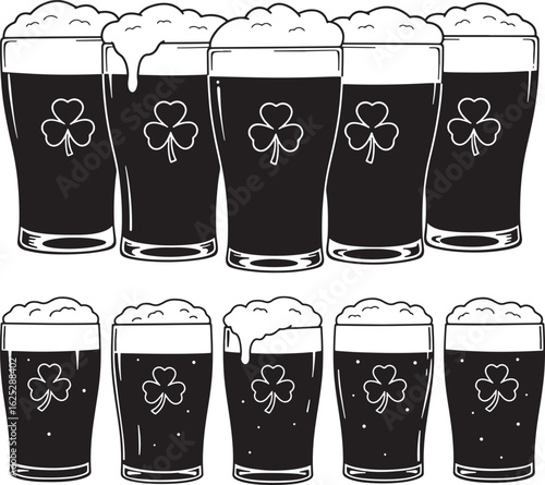 Multiple glasses of dark beer with shamrock silhouette